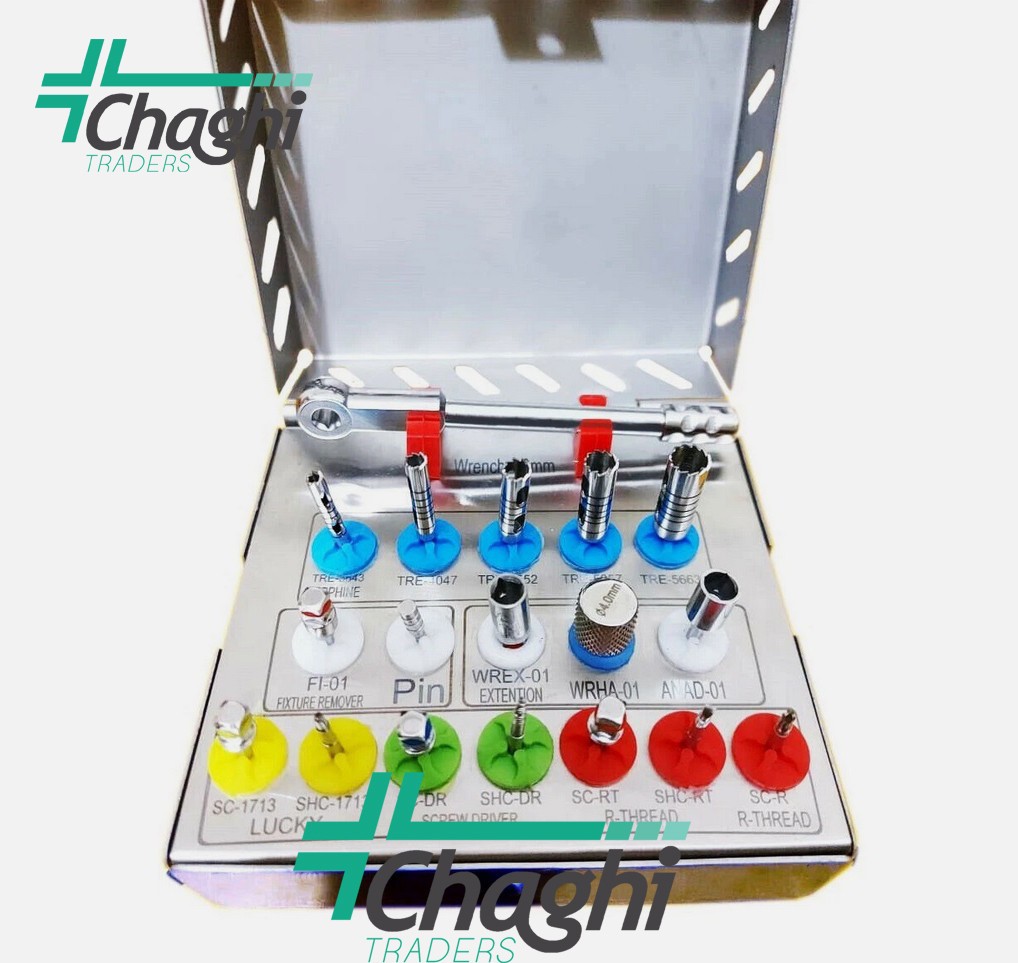 Dental Implant Remover Kit Set of 18 PCs Long Trephine, Bone Removal, 4mm Wrench