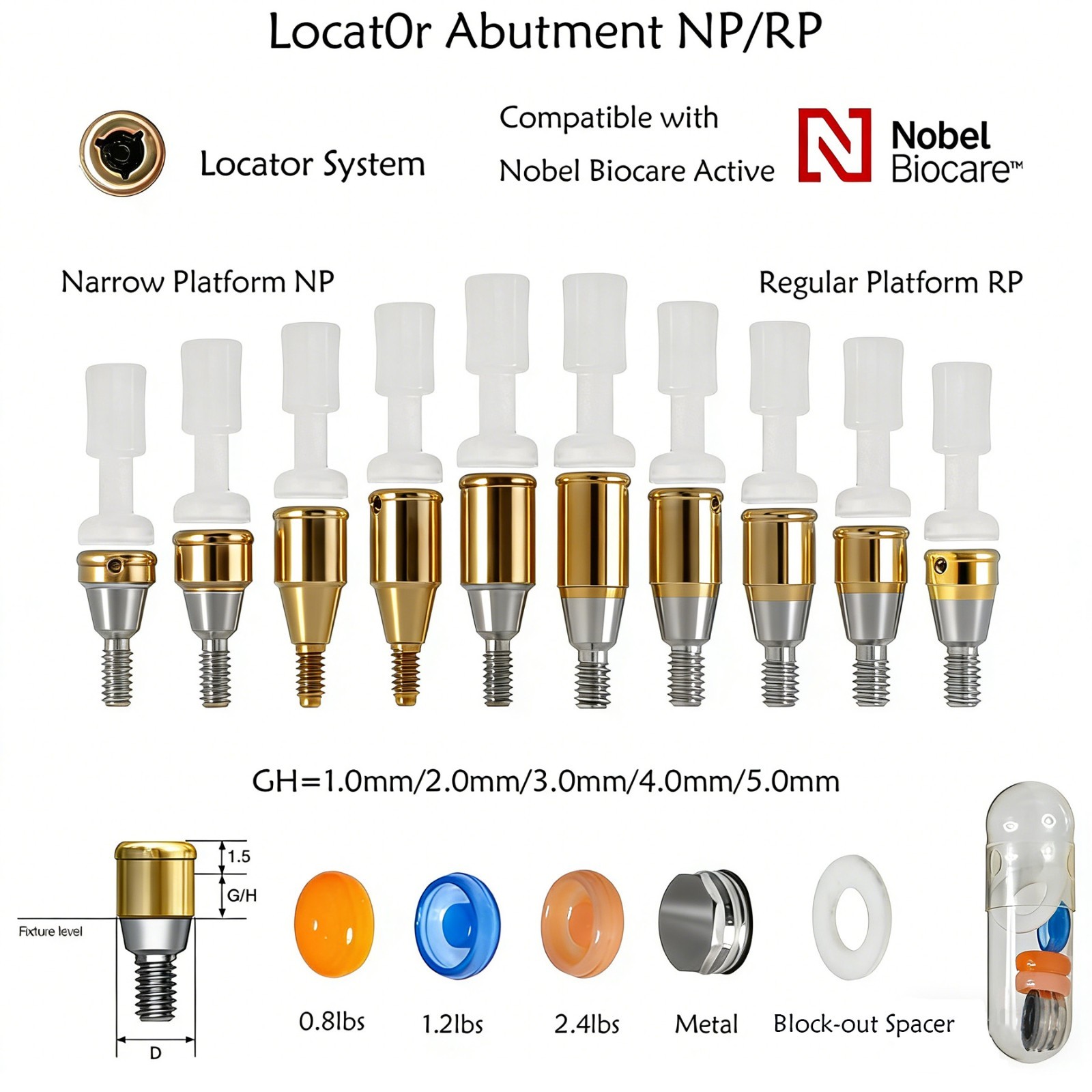 Dental Locator Attachment Abutment & Male Caps for Hiossen/Nobel/Zimmer/Bego/Mis