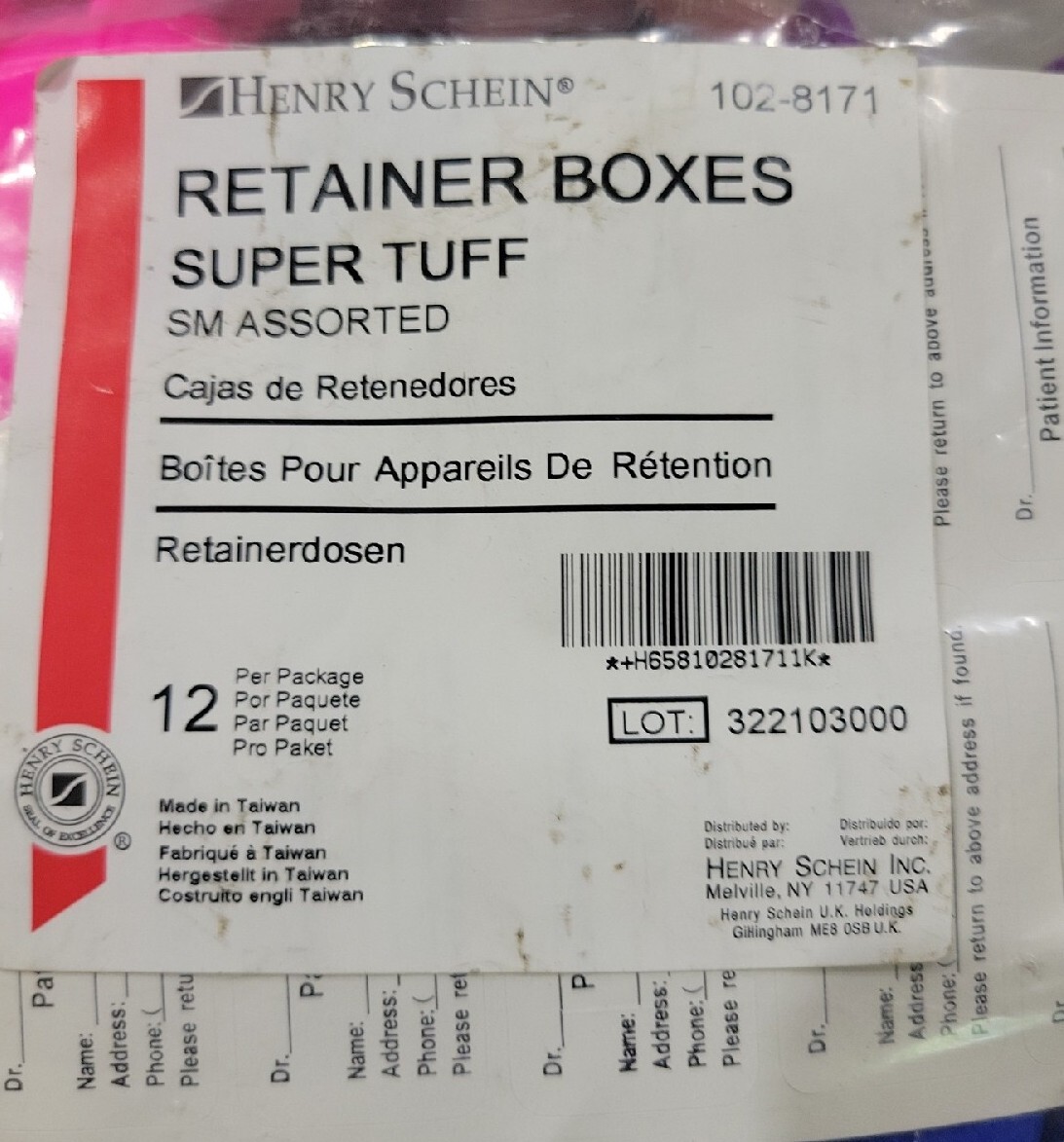 Henry Schein Retainer Box Super Tuff 3 in x 2 1/2 in x 1 in Assorted Small 12/Bg