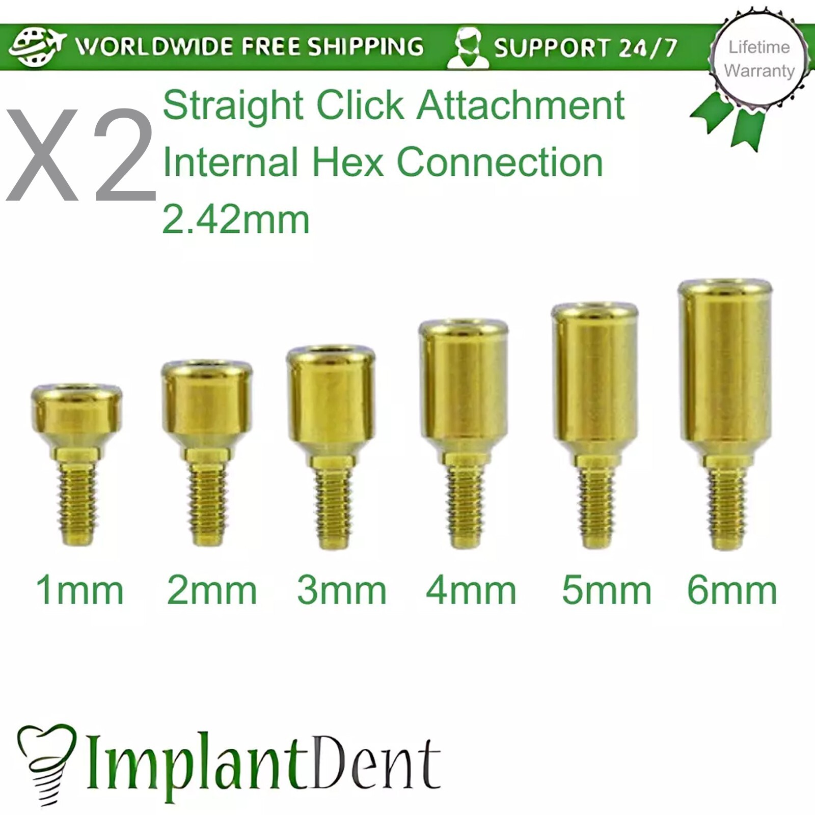 2x Lokator Titanium Straight Attachment Dental Int Hex Connection 2.42mm Dentist