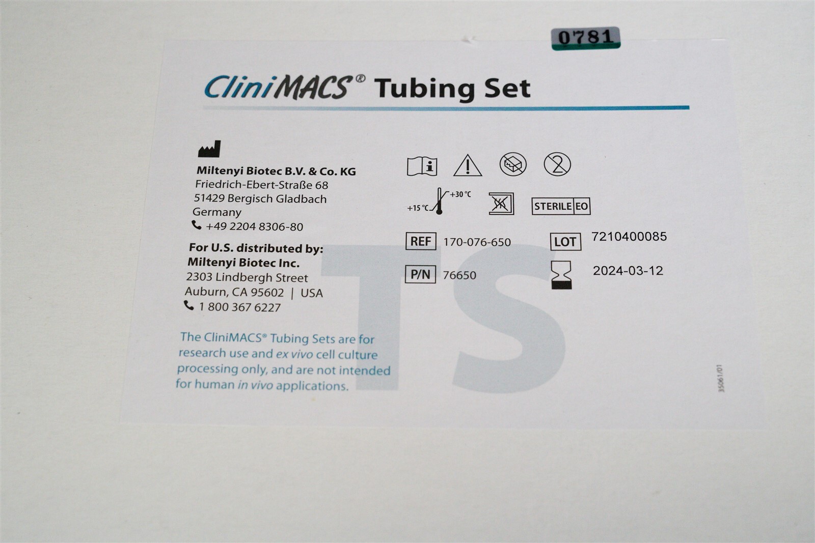 Miltenyi Biotec 170-076-650 CliniMACS Tubing Set (P/N 76650), Exp. 3-12-2024