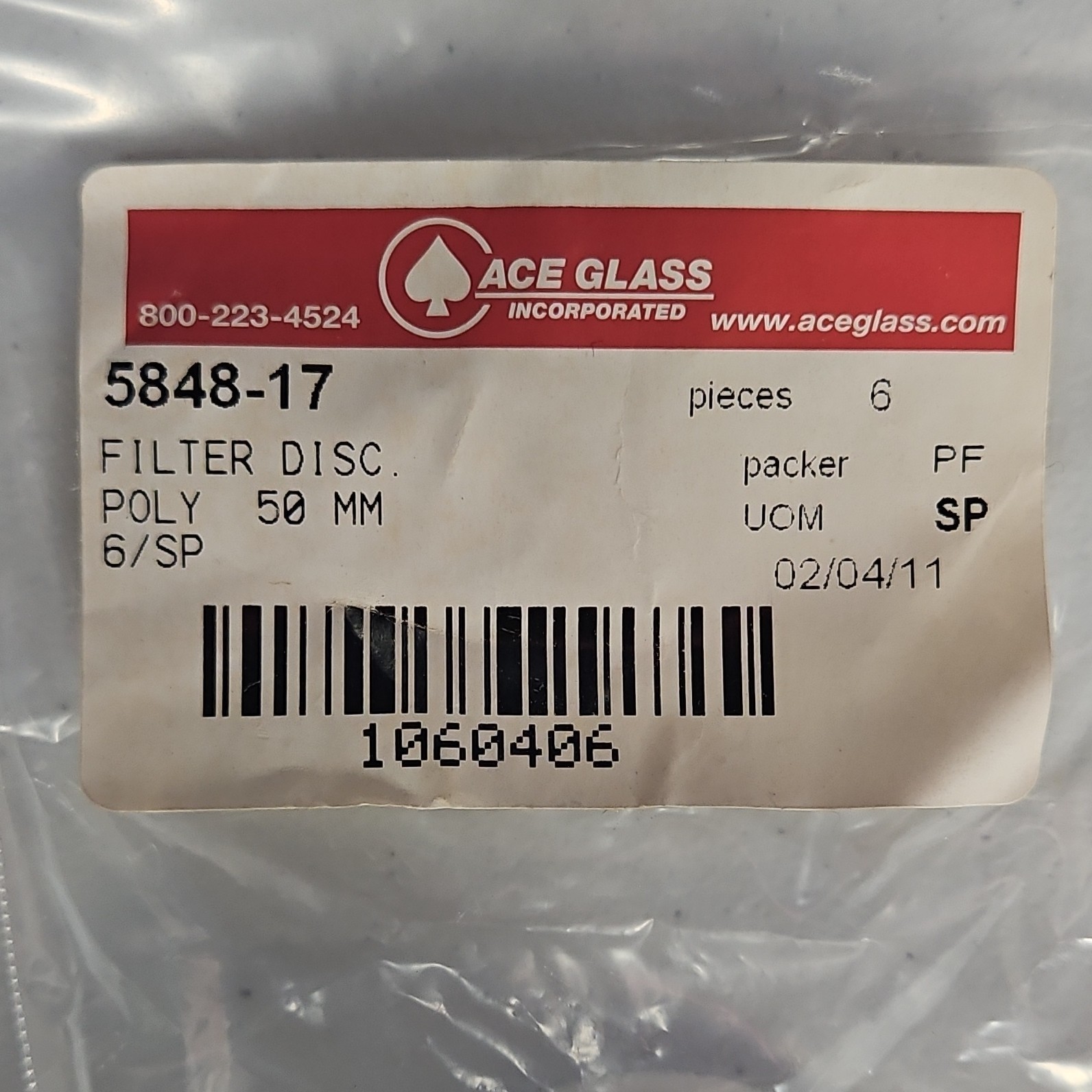 Ace Glass 5848-17 Filter Disc Poly 50 mm Pack of 6 for Physical/Medical Labs