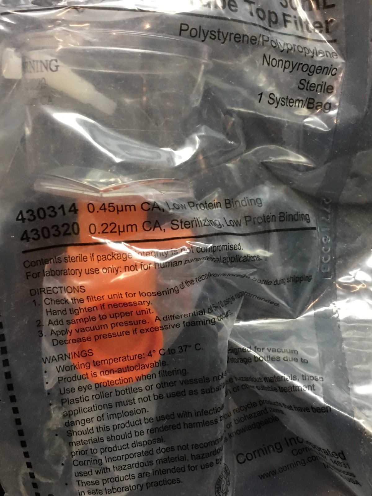 Corning Cat No 430320 Tube Top Vacuum Filter System 50mL 0.22µm