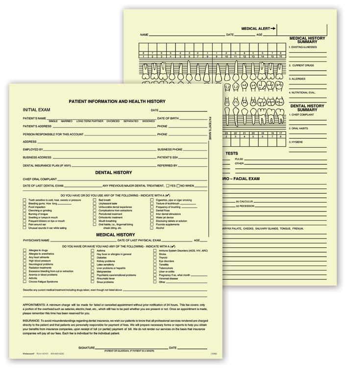 D101 Dental Exam Record Single Sheet 8 1/2 x 11″ QTY 100