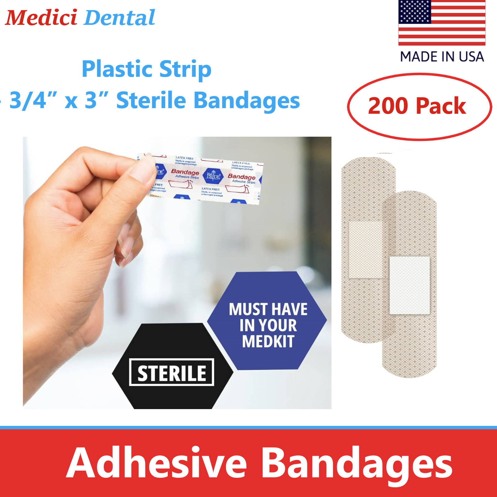 200/bx Dental Medical Adhesive Bandaid Bandage Strips, ¾” x 1.5″, SHEER Bandages