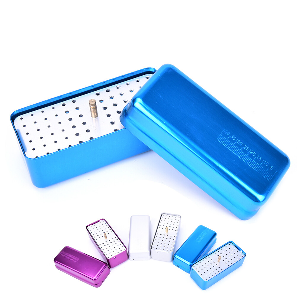 Dental Bur Burs Holder Block Disinfection Box Aluminium Autoclave 72 Holes Blue