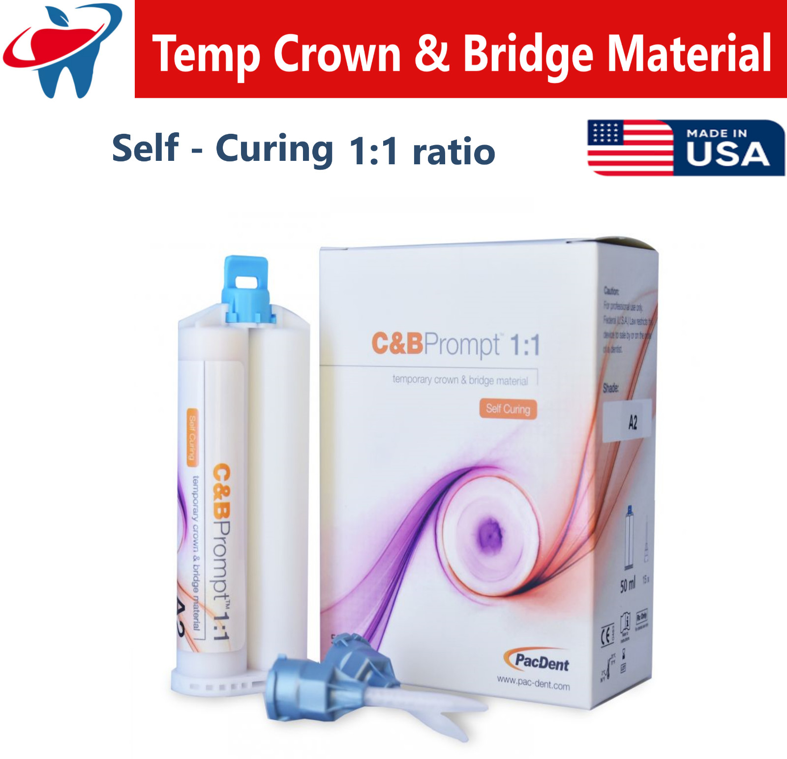 Prompt Temporary Crown & Bridge Material 1:1 Dental Impression 76g, A1/B1,A2, A3