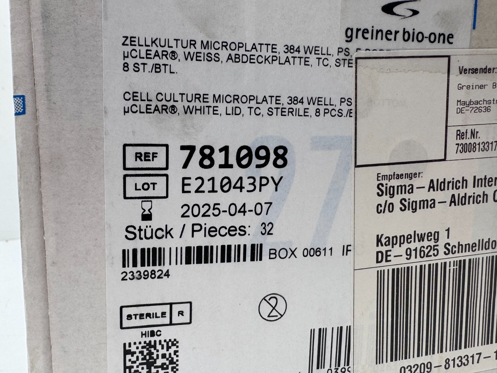 (32) Greiner Bio-One 781098 384-Well F-BOTTOM Cell Culture Microplate EXPIRED