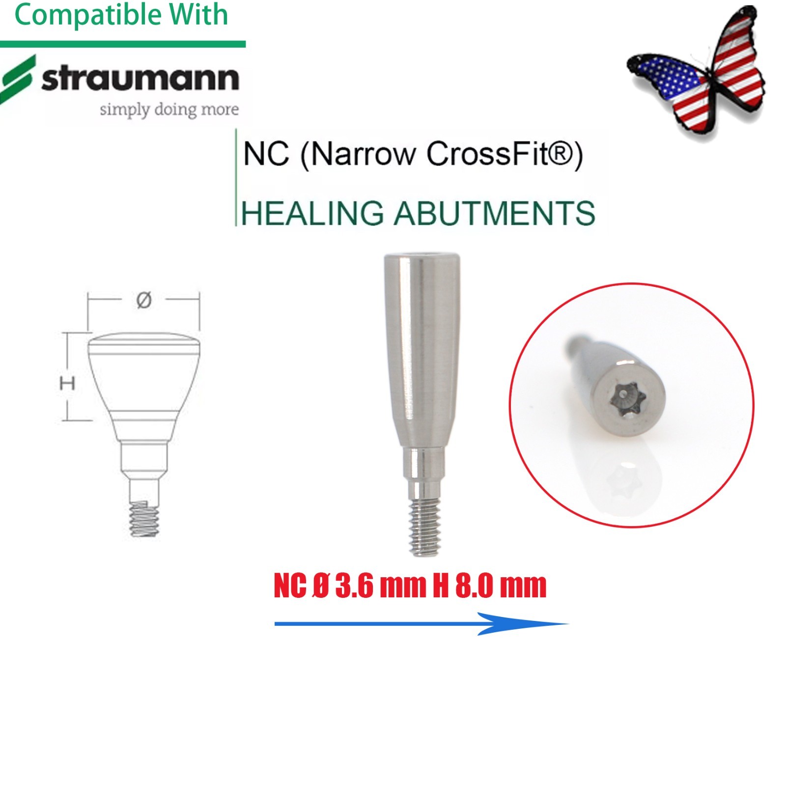 US NC Healing Abutment & Closure Cap Fits Straumann CrossFit BLT Ø3.3 5pcs/set