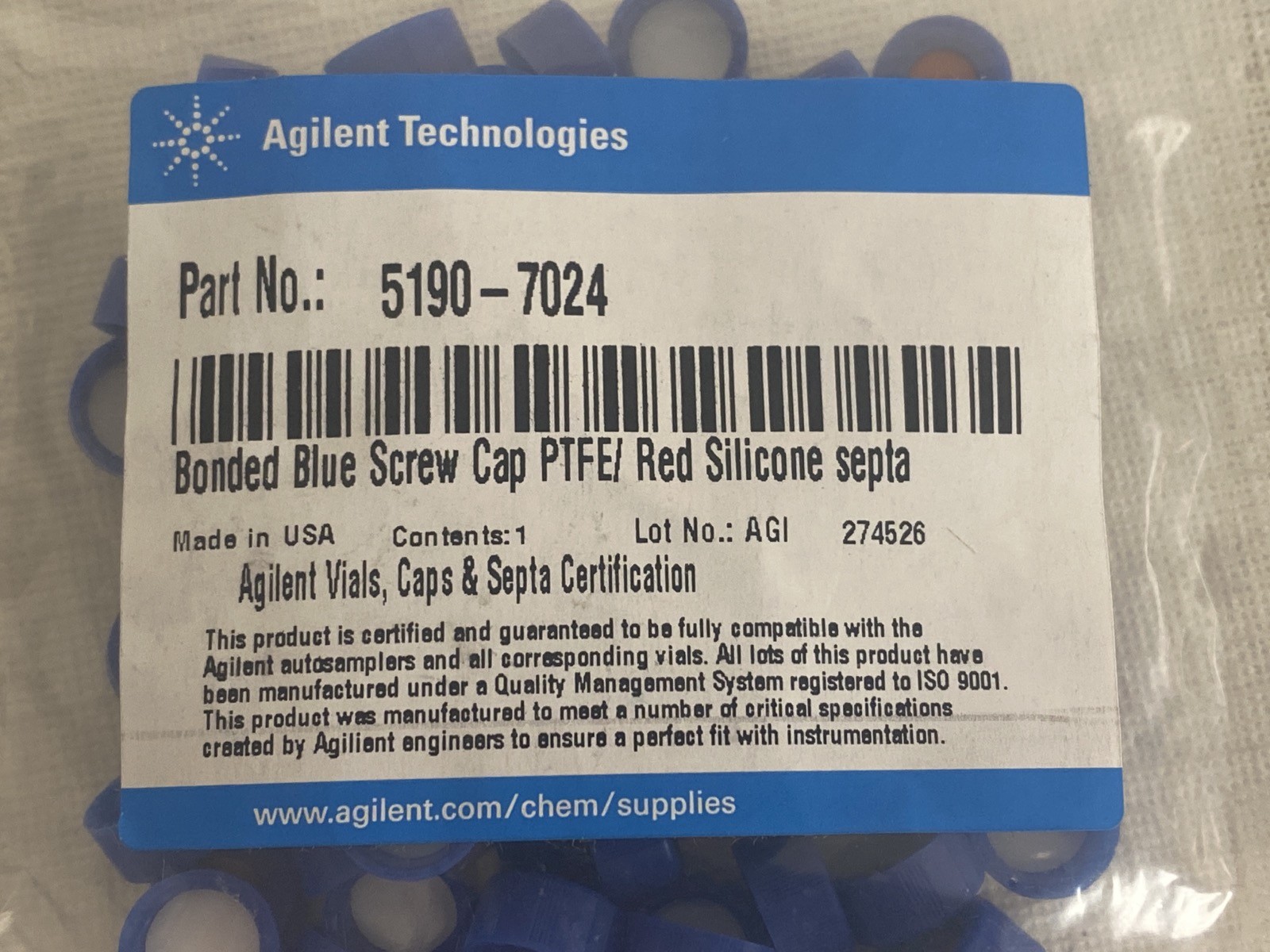(100) AGILENT Bonded Blue Screw Caps PP 9-425 PTFE Red Silicone Septa 5190-7024
