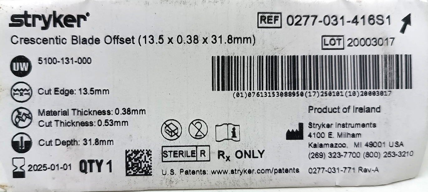 Stryker 0277-031-416S1 Crescentic Offset Blade 13.5x.38×31.8 For Training