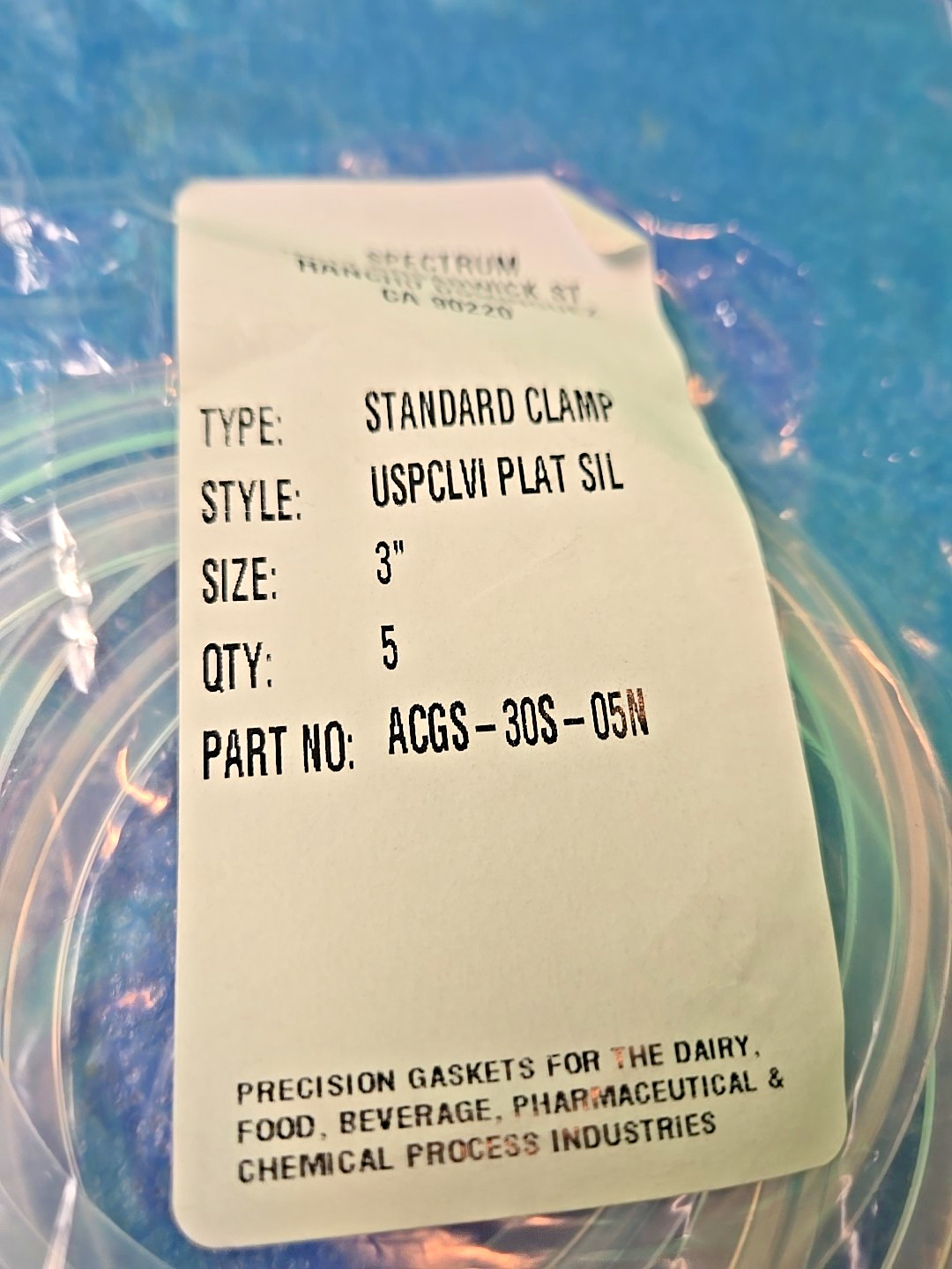 Spectrum Repligen ACGS-30S-05N Silicone Sanitary Gasket 3″ -Pk5 USPCLVI PLAT SIL