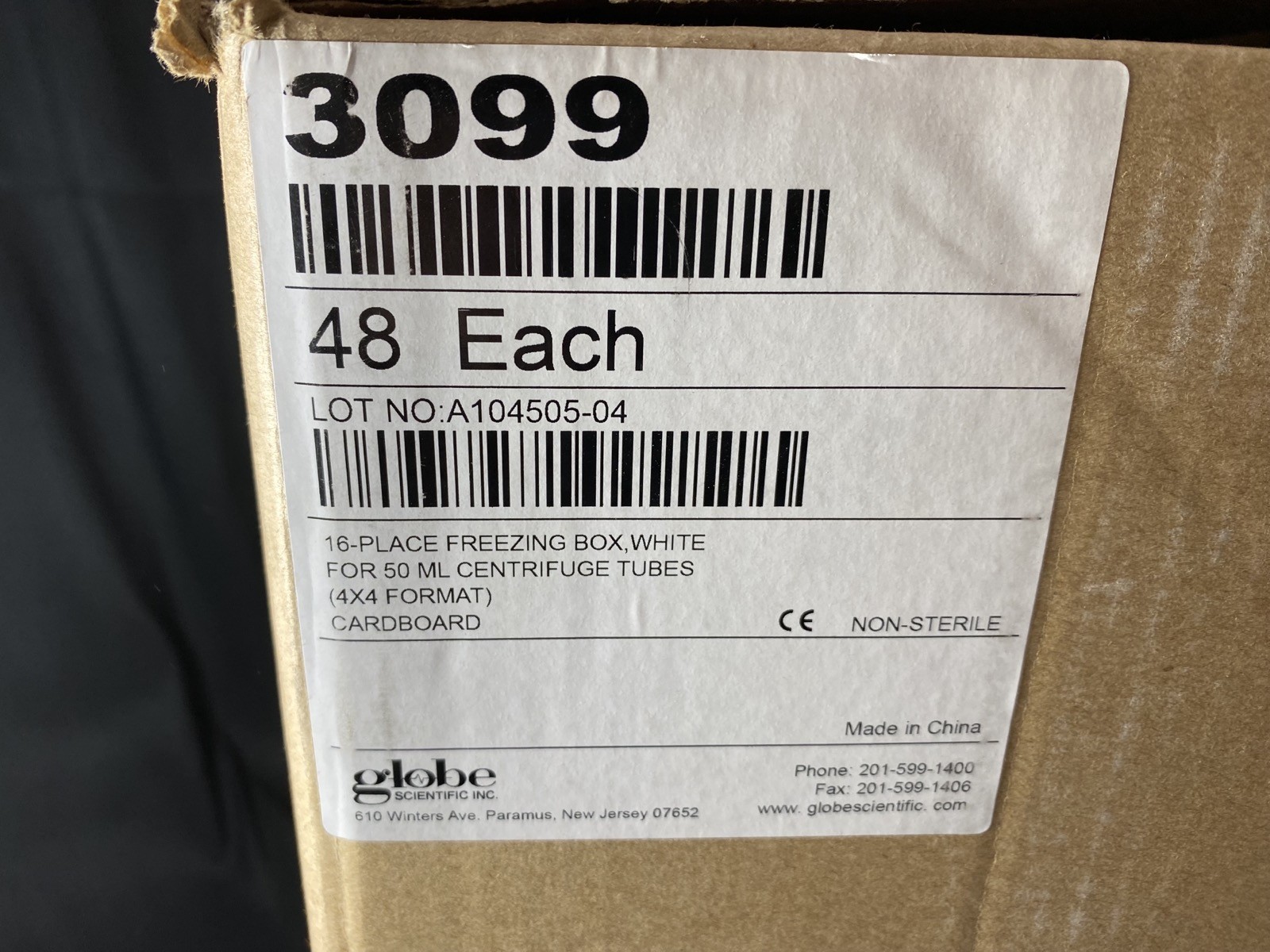 GLOBE SCIENTIFIC 50mL 4×4 Centrifuge Tubes Cardboard Freezing Box #3099 (45/Pk)