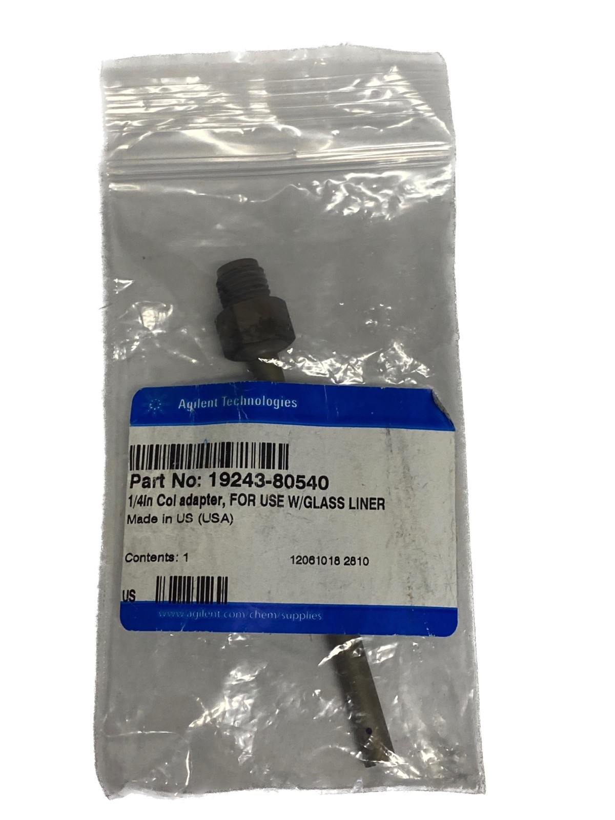 Used AGILENT 1/4” OD Packed Column Inlet Adapter for Glass Liners 19243-80540