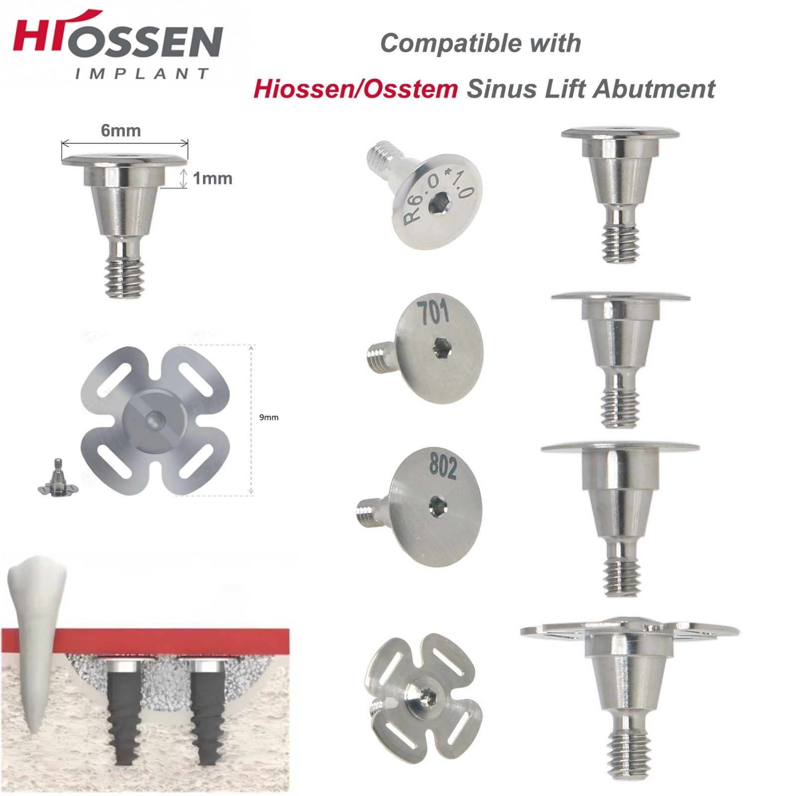 Hiossen R Sinus Lift Abutments Ø6-9mm Titanium 4-Leaf Design Fit Osstem/DIO UF R