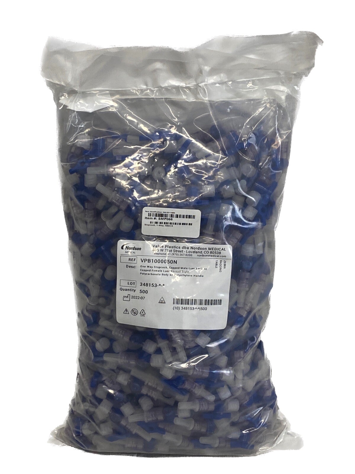 (500) VALUE PLASTICS One-Way Stopcock w/ Capped M Luer-Lock to Cap F Luer Thread