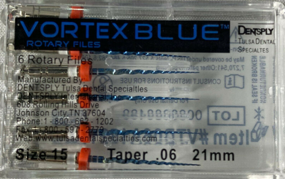 Dentsply Tulsa Dental Vortex Blue 21mm, 25mm all Taper rotary files 6/pk
