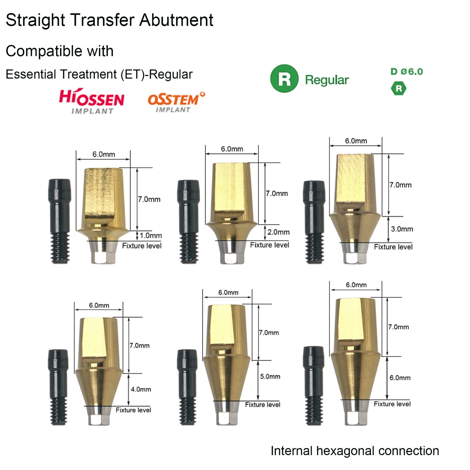 US Dental Ti Standard Straight Abutment W/Replica Screw fit Hiossen ET Regular