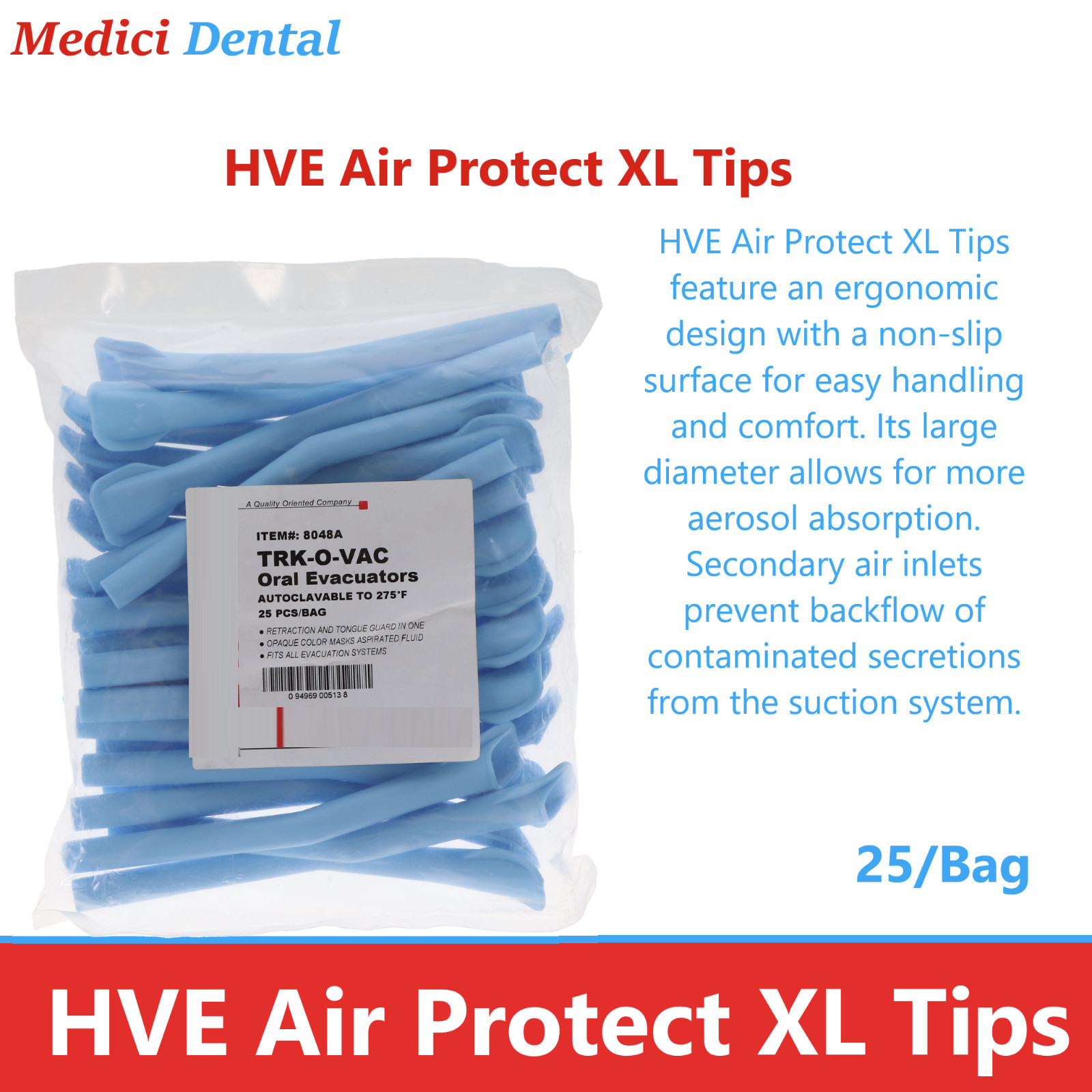 Dental TRK-O-VAC ORAL EVACUATOR Blue, Retraction & Guard, Autoctcla 275°F, 25/Bg