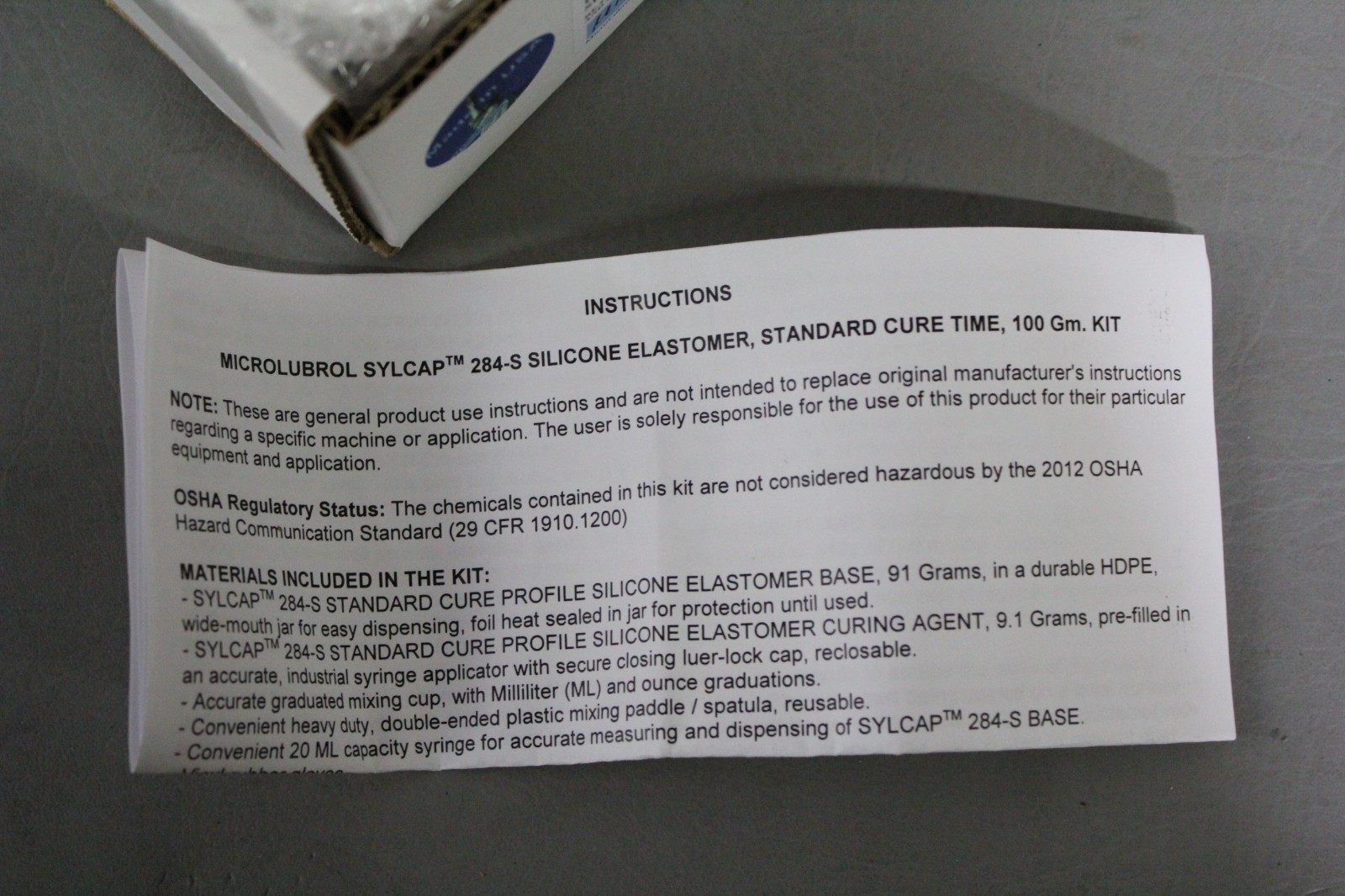 NEW MICROLUBROL SYLCAP 284-S STANDARD CURE SILICONE ELASTOMER KIT 100g