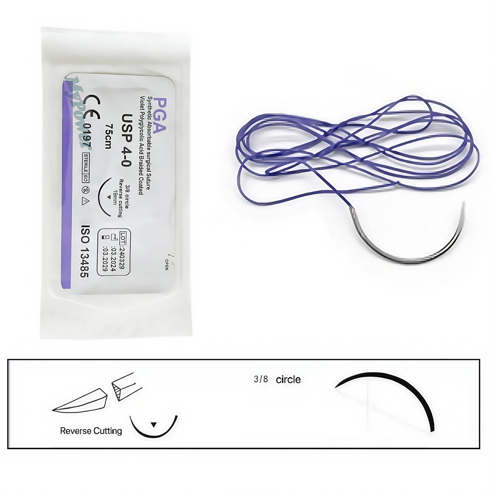 Dental Oral Surgical Suture Violet PGA 4-0 3/8 Reverse Cutting Suture