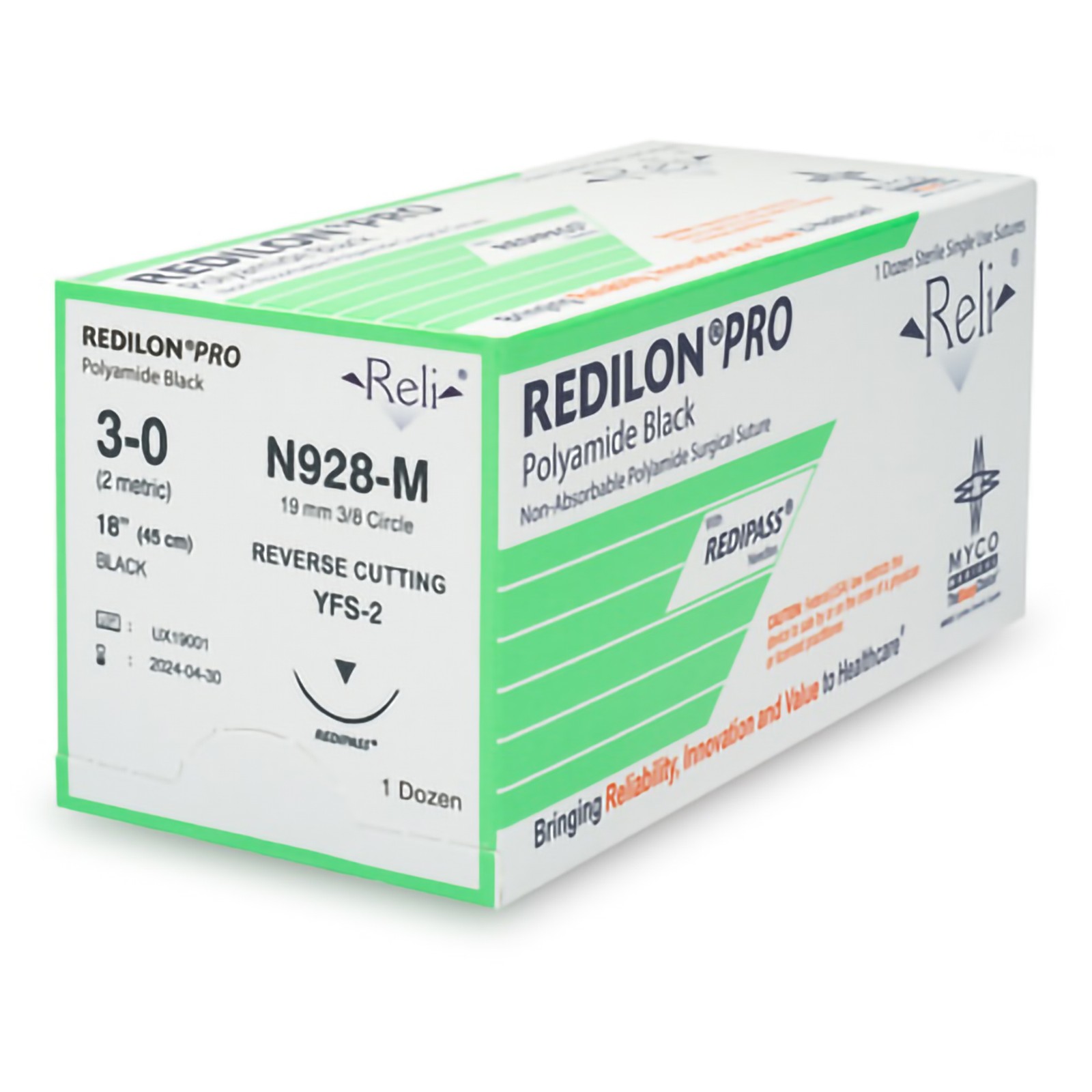Myco Medical N928 Redilon Pro Black Nylon Sutures 3-0 YFS-2 18″ 12/Bx