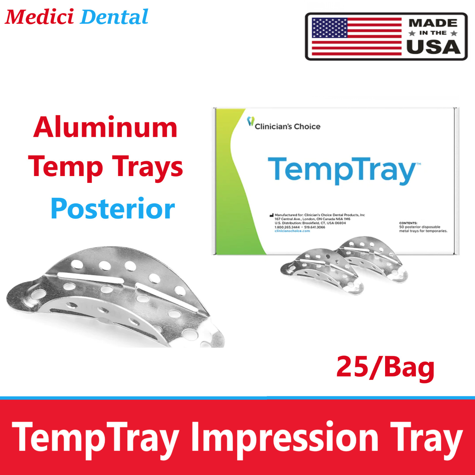 Temp-Tray Universal Dental Aluminum temporary crown and bridge trays, 25/Pk