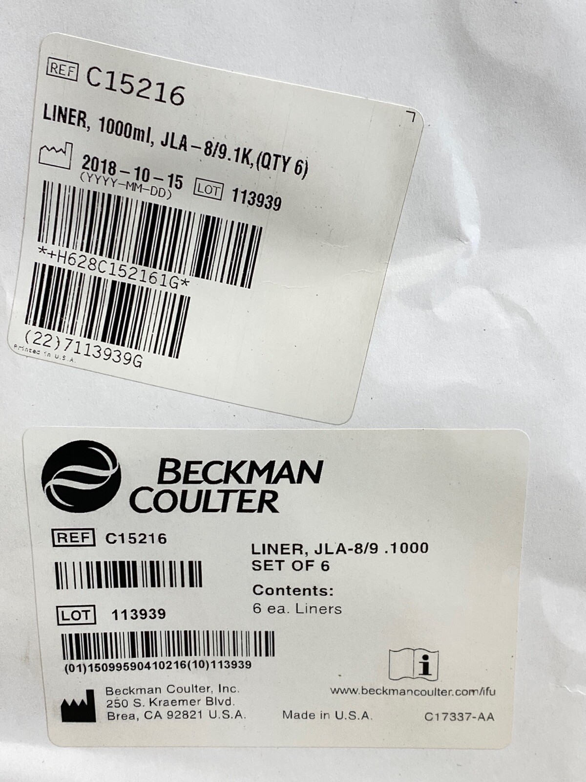 (6/Pk) BECKMAN COULTER 1L HarvestLine System Bottle Liners Non-Sterile C15216