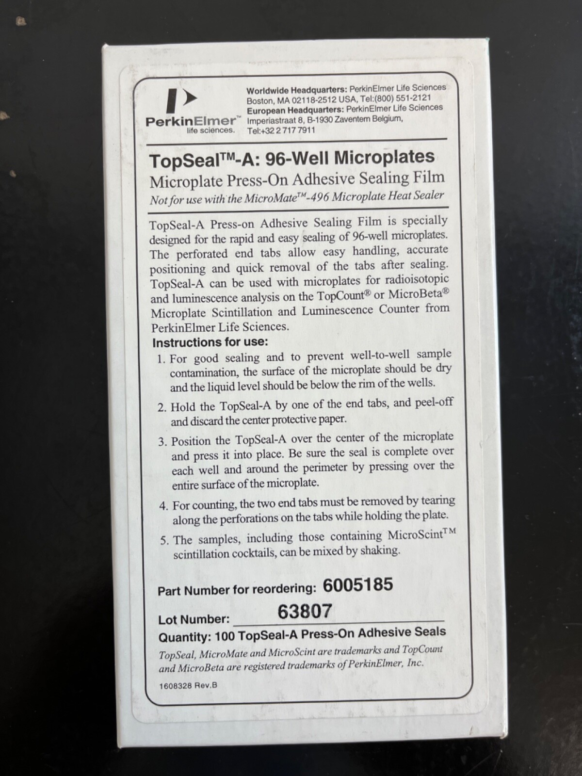 PerkinElmer TopSeal-A 96-Well Microplate Press-On Adhesive Sealing Film, box 100