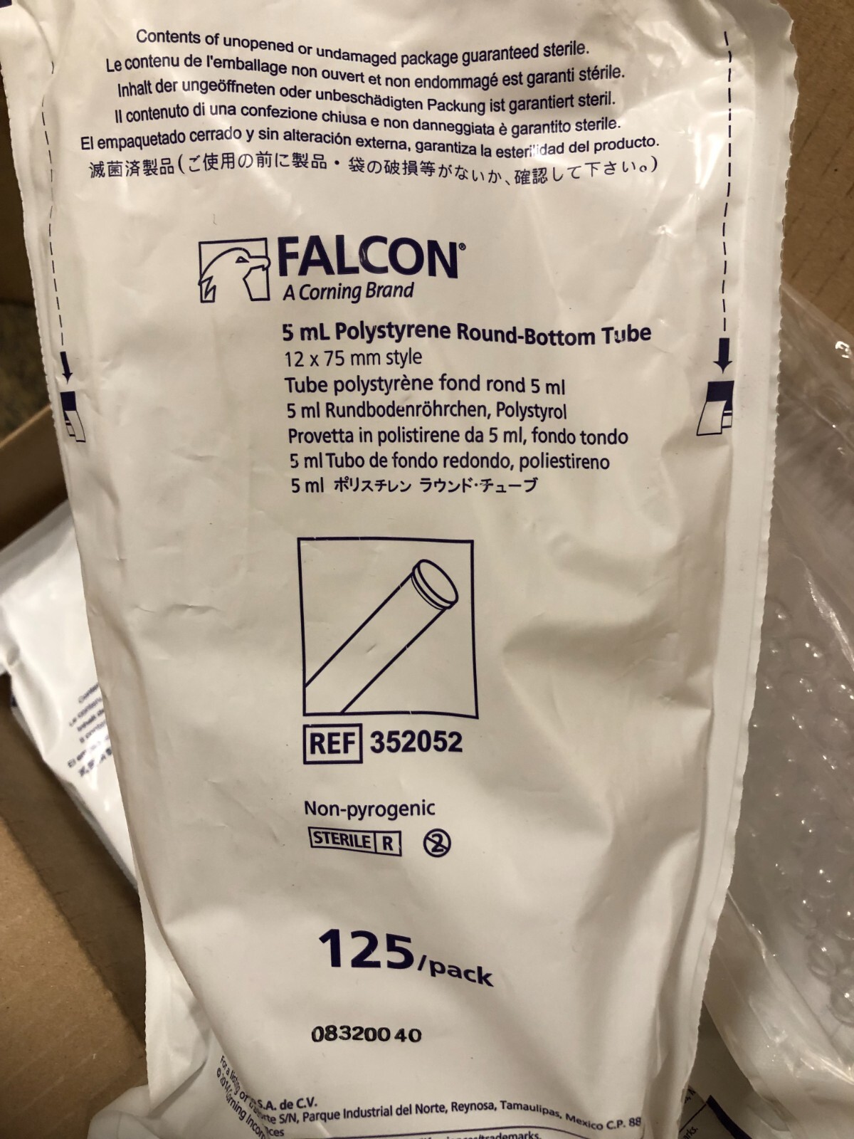 Falcon® 5 mL Round Bottom Polystyrene Test Tube, w/o Cap, Sterile, 125/pk,1000cs