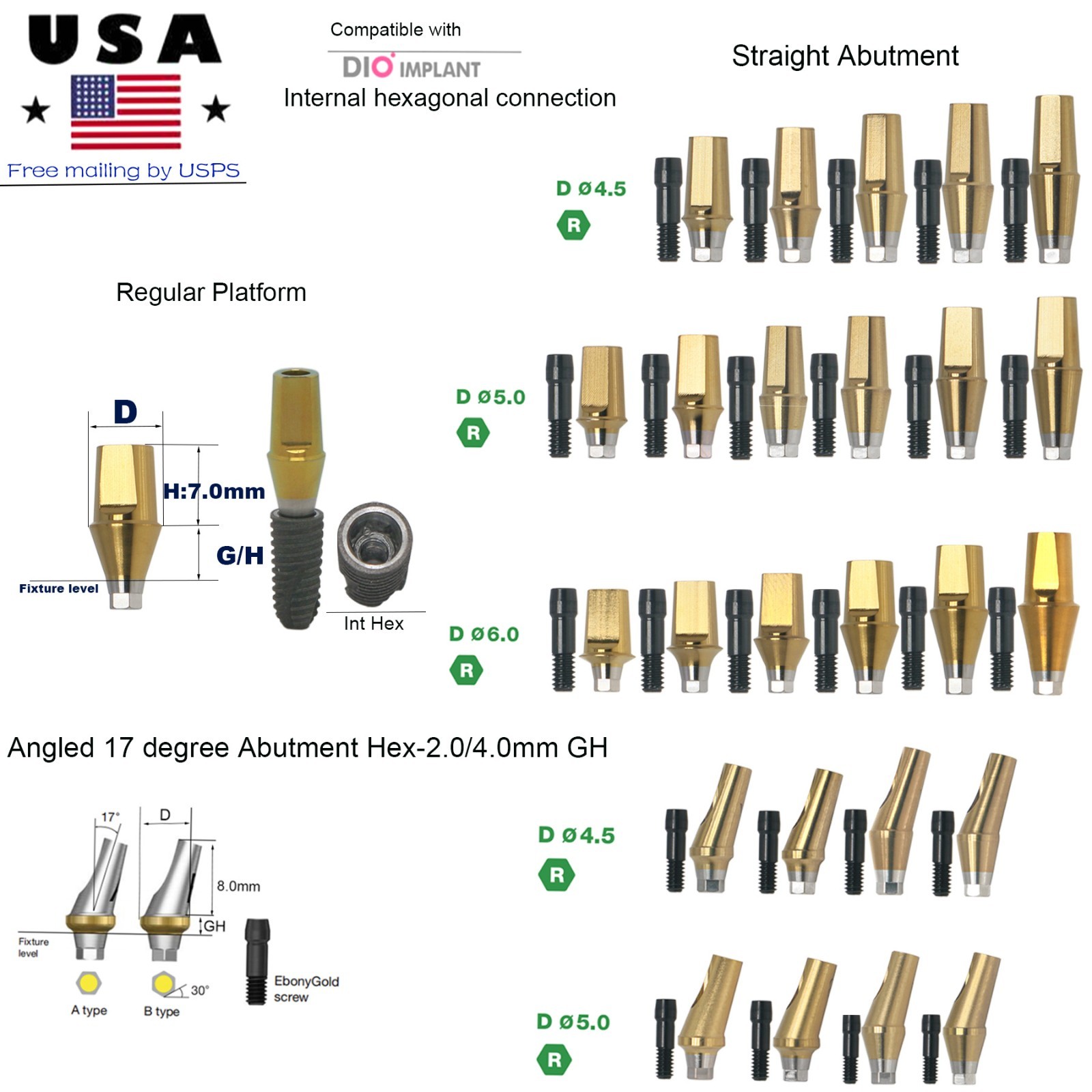 US Locator Abutments Straight/Angulated 17°Abutment For DIO UF Regular Implants