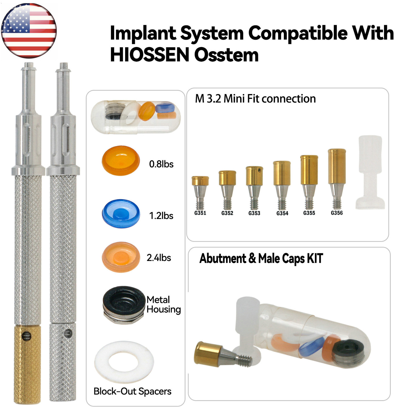 US Dental Hiossen Mini/Regular Attachment Abutment & Overdenture Male Caps Kits