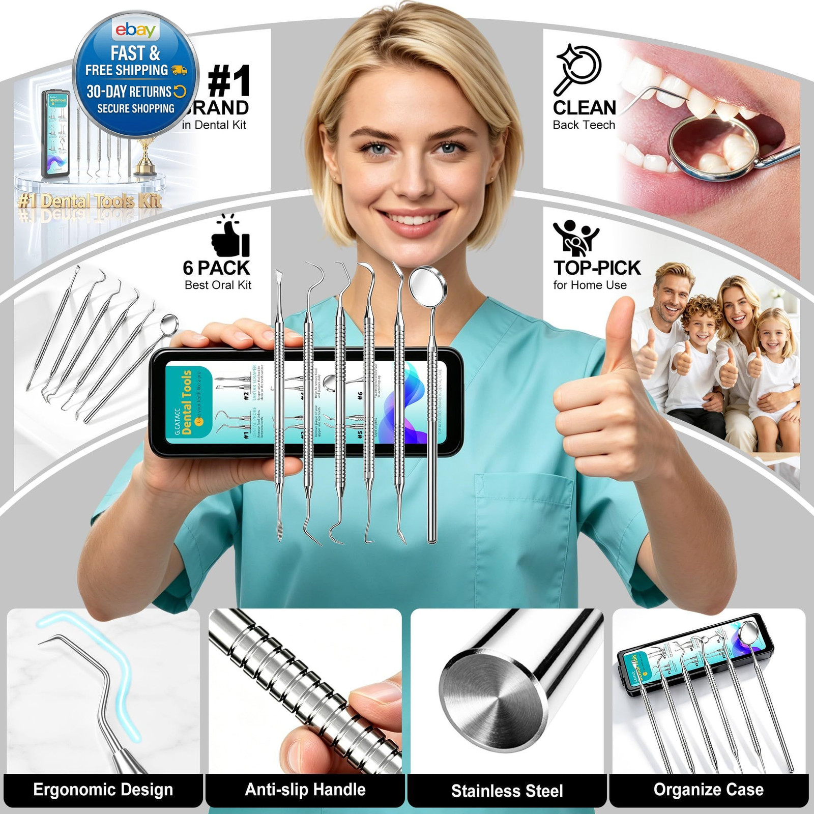 Dental Pick for Teeth Cleaning, Stainless Steel Hygiene Kit with Case