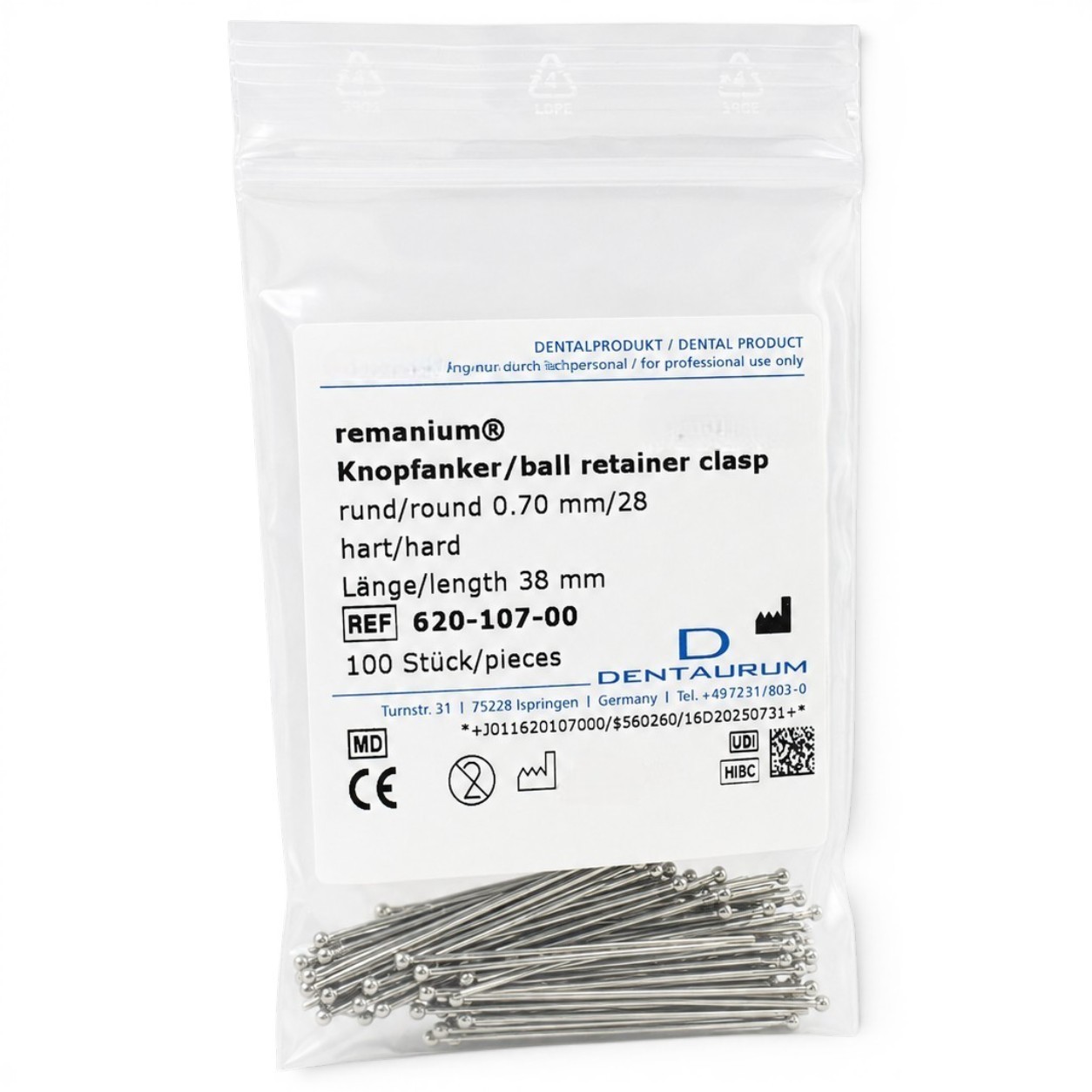 100x Dental Dentaurum Remanium Ball Retainer Clasps 38mm Stainless Steel