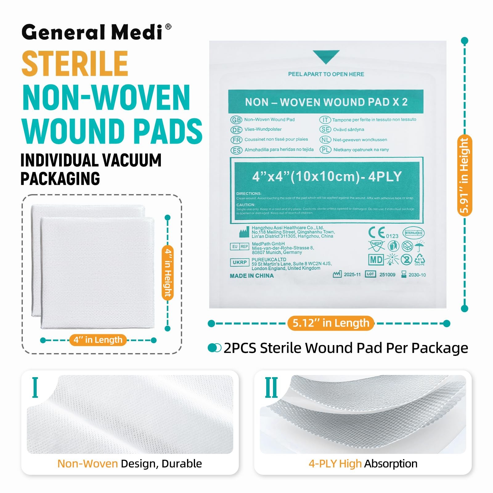 General Medi Sterile Gauze Sponges, 4″ x Non-Woven x (10 x 10 cm)
