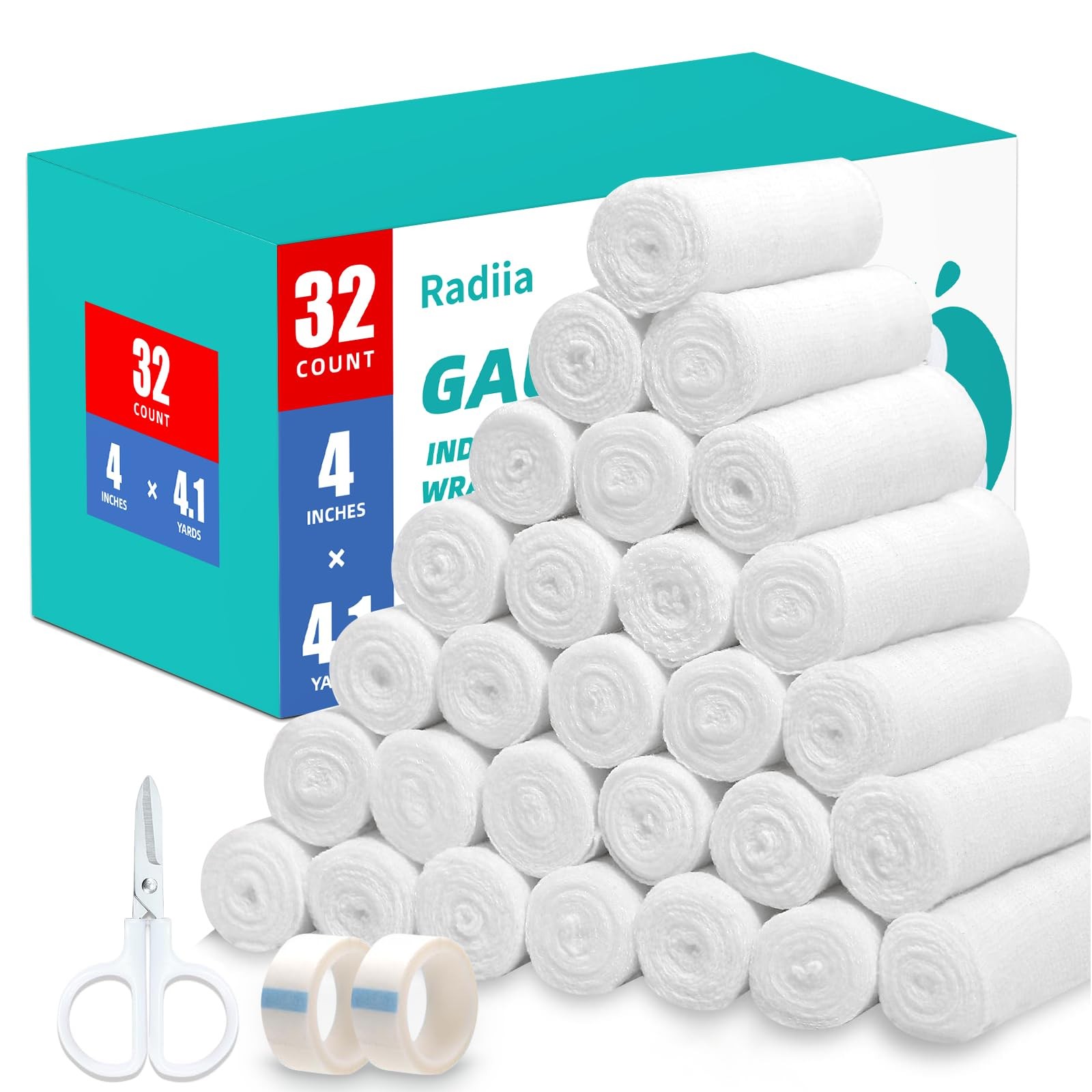 Radiia 32 Pack Gauze Rolls, 4″ x 4.1 Yards, Premium Stretch 4IN, C-32p
