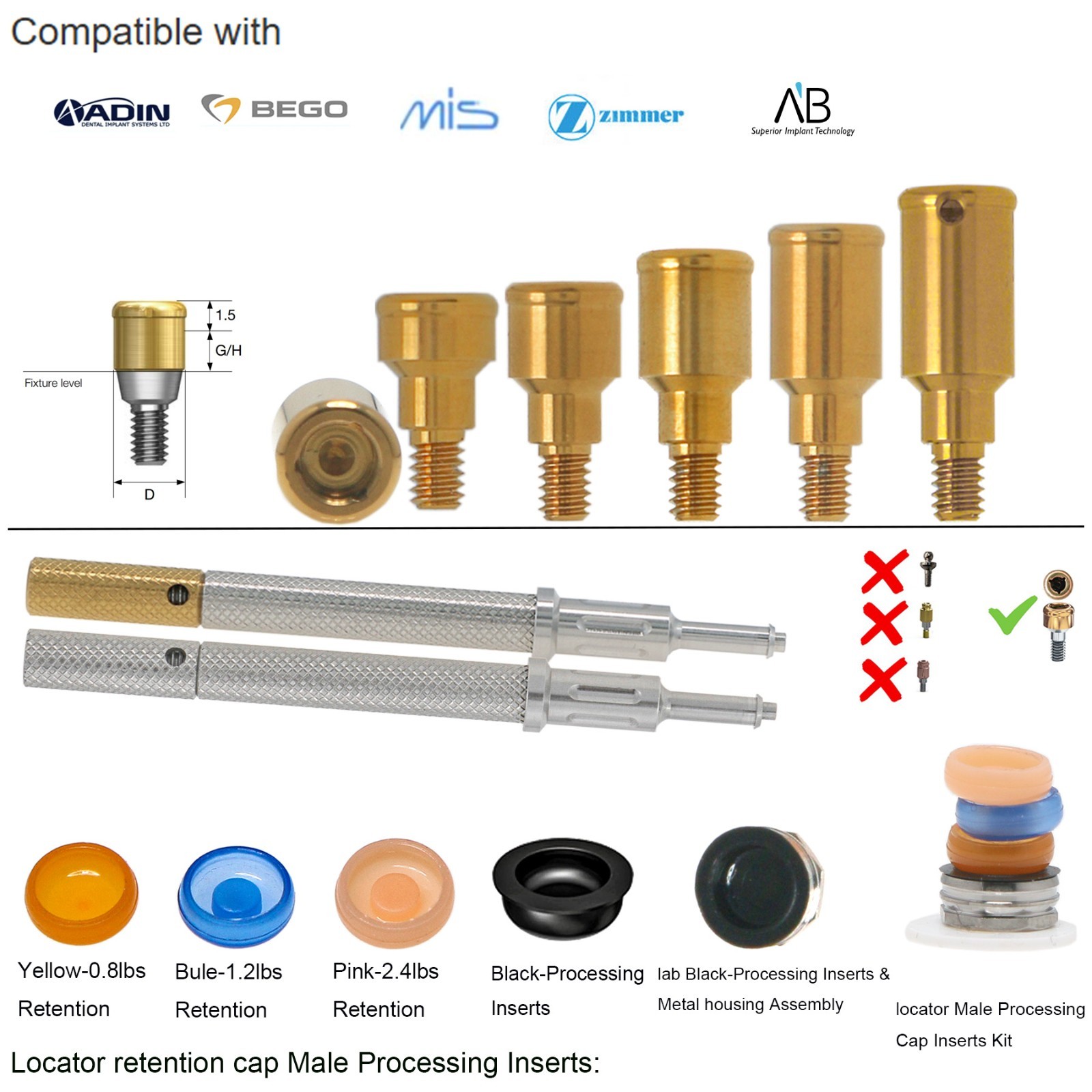 US Zimmer Adin Mis Bego Overdenture locator Abutments &Male Caps Tools For 1-5mm