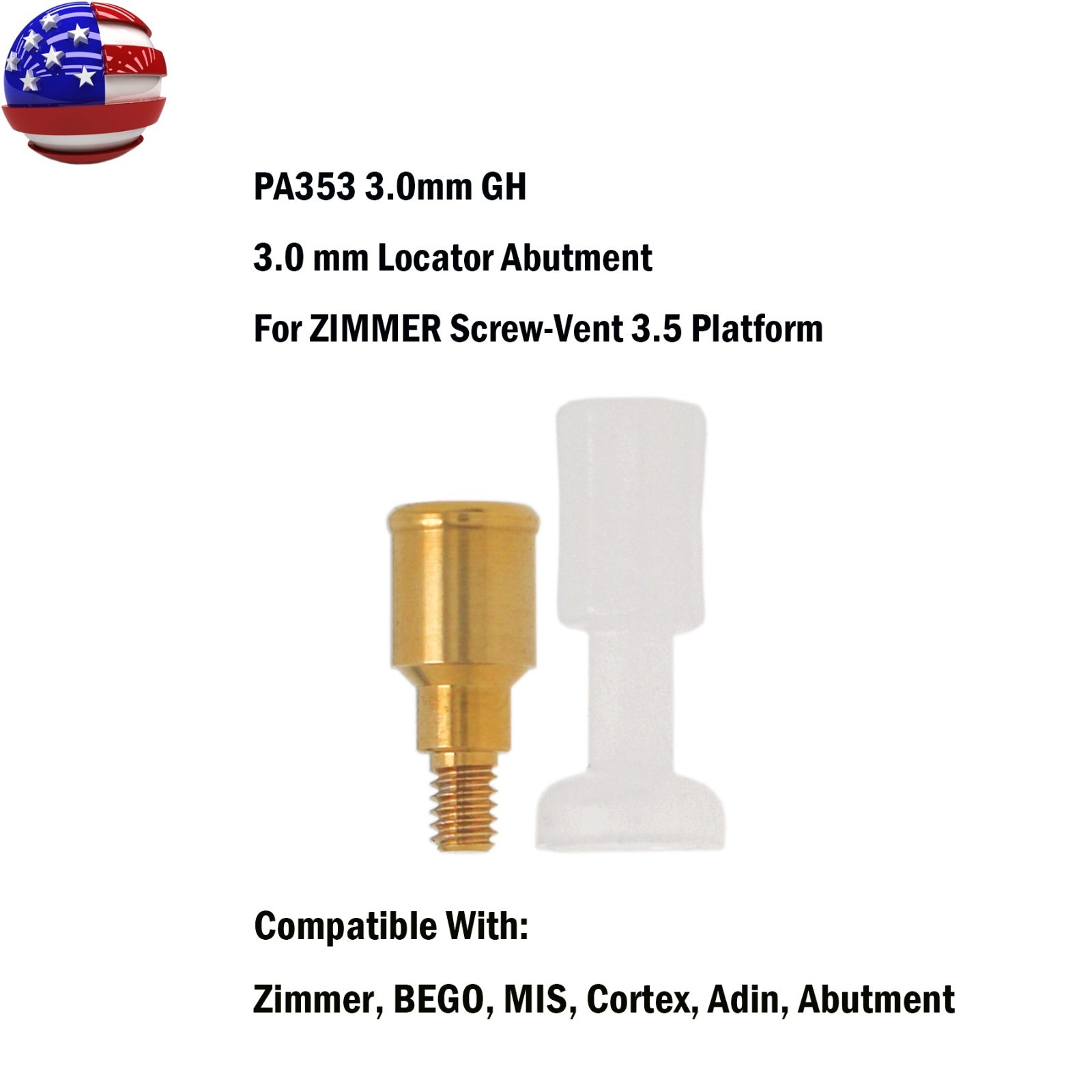US Zimmer Tapered TSV Locator Abutment 3.5mm Platform w/PEEK Caps Gold Core Tool