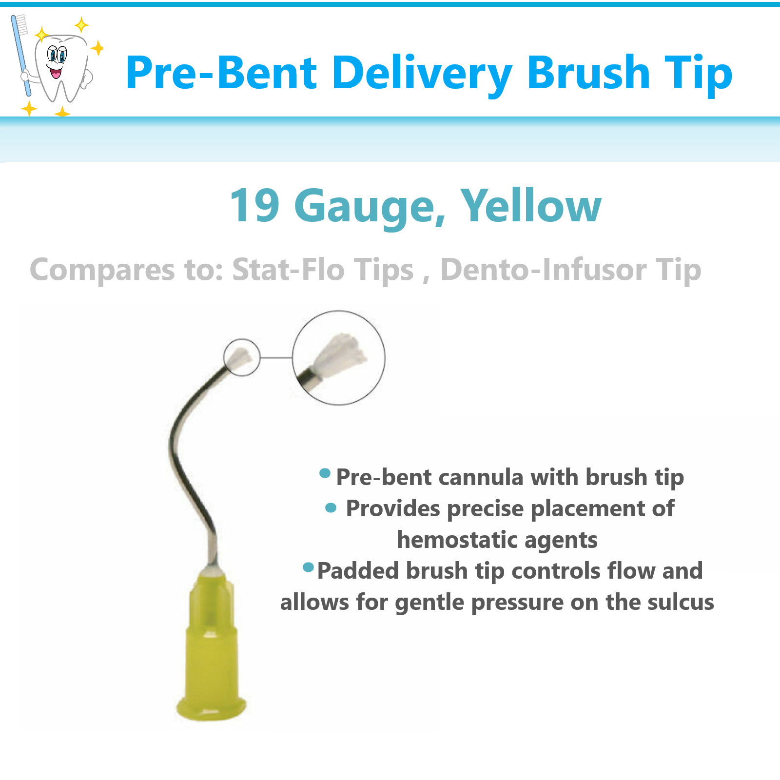 Dental Hemostatic Delivery Bent Tips with Brush End 19G, Stat-Flo Type (100Pcs)
