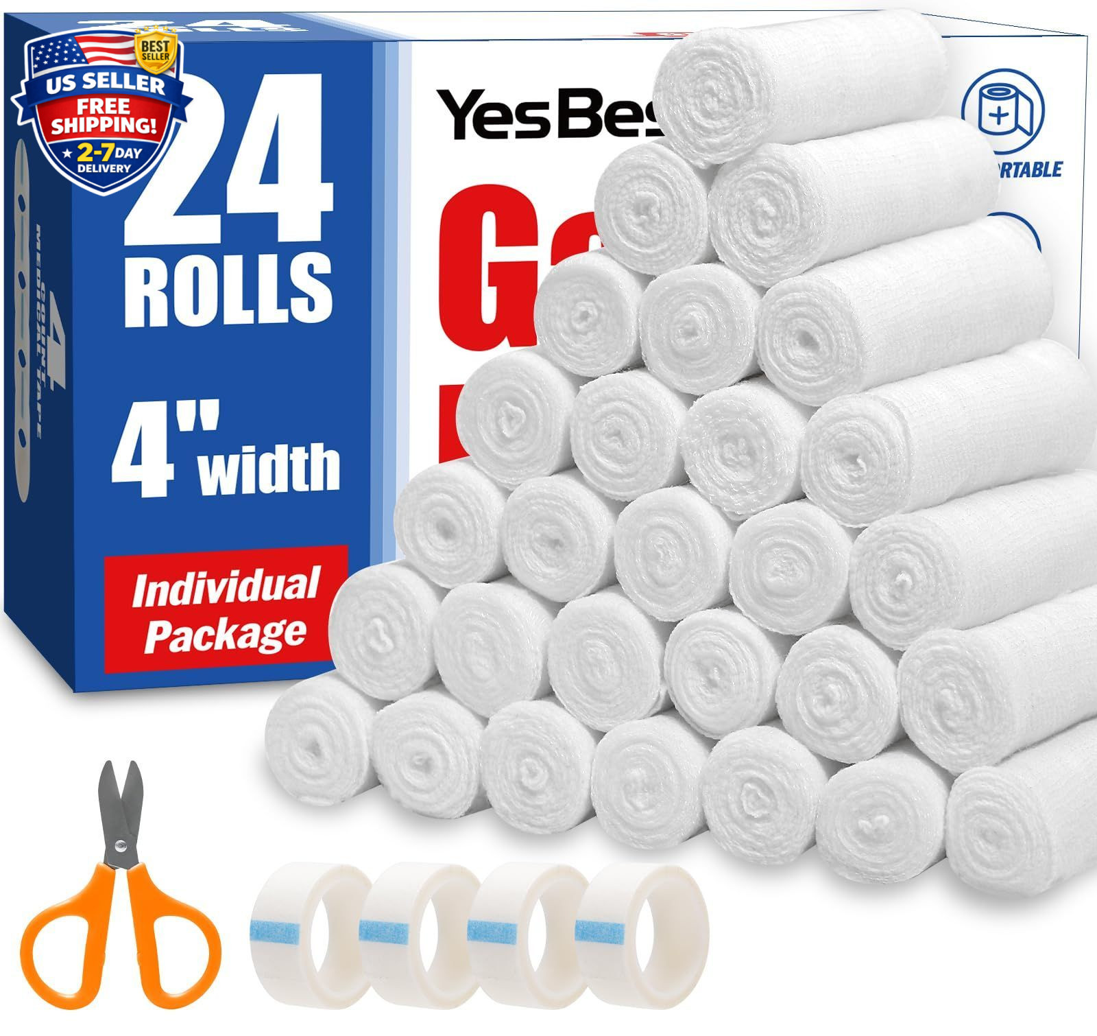 24 Pack 4 Inch 4.1 Yards Gauze Bandage Roll, Gauze Wrap Rolls for Wounds