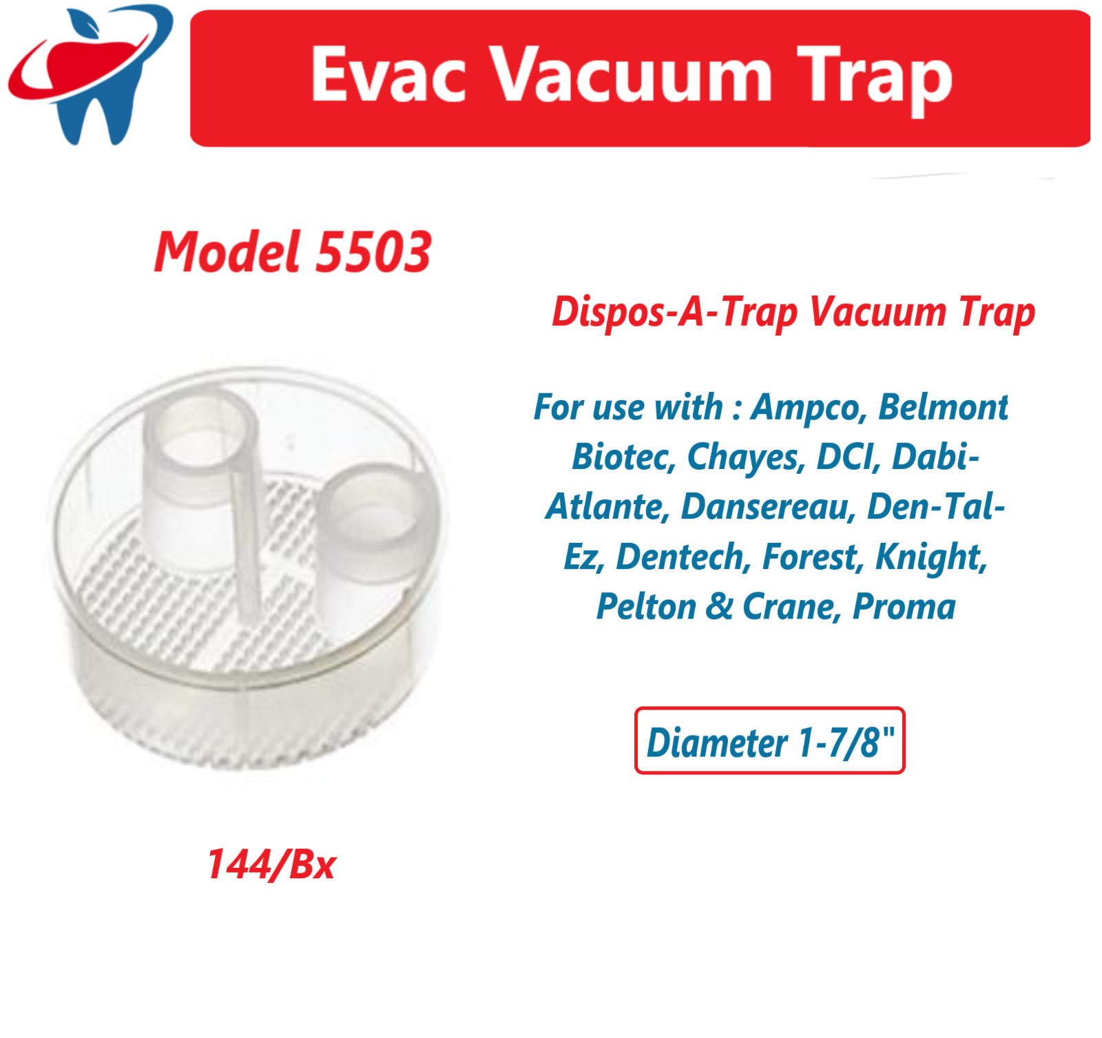 Dental Disposable Evacuation Traps #5503, Diameter 1 7/8″, 144/Bx, Fits DCI etc
