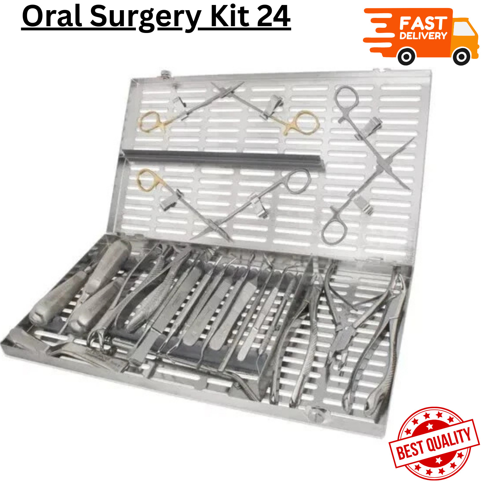 Oral surgery kit with instruments stainless steel set in sterilization cassette