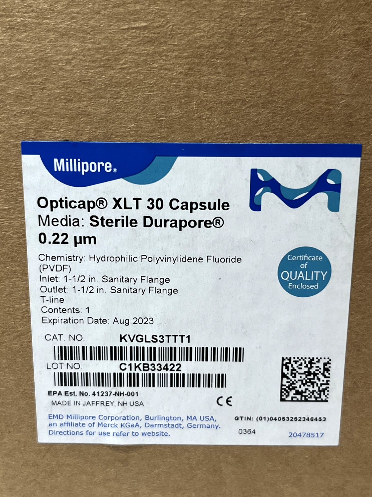 Millipore Opticap XLT 30 Capsule, KVGLS3TTT1, Durapore 0.22 μm, Expire 08/2023