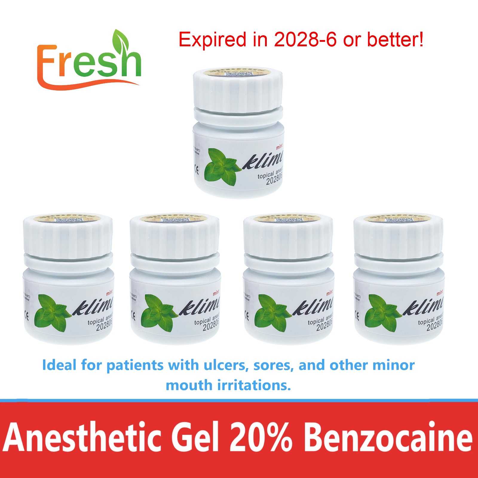 Fresh Dental Topical pain free Gel 20% Benzocaine 1oz Jar , Mint/Strawberry