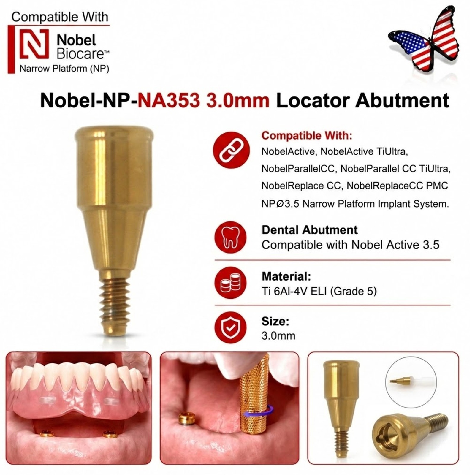 Dental Nobel Biocare Active NP/RP Locator Abutment Conical Titanium 1-5mm Height