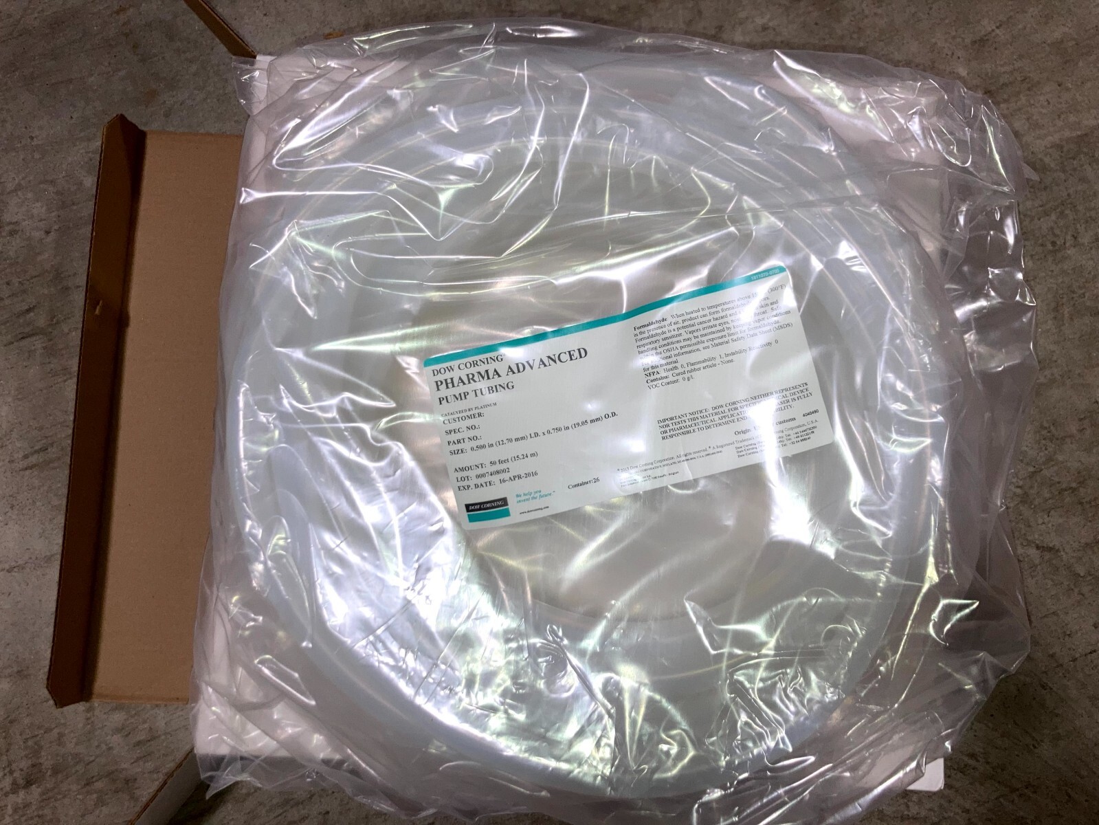 Dow Corning Pharma Advanced Pump Tubing 50ft 1/2″(12.70mm) ID x 3/4″(19.05mm) OD