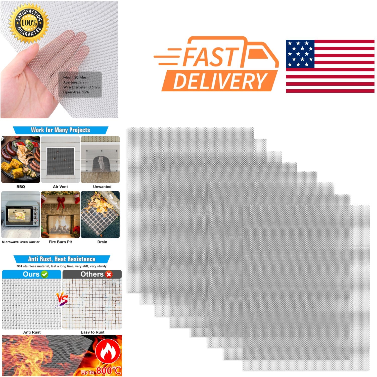 Durable 304 Stainless Steel Mesh 8 Pack 8.3 X 11.8 Inch Flexible for Ventilation