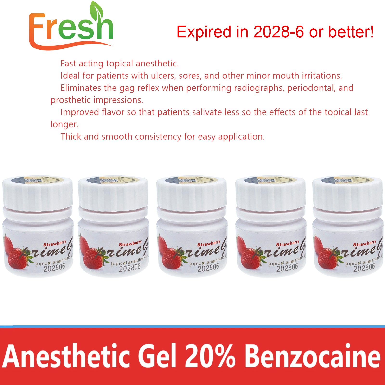 Fresh Dental Topical pain free Gel 20% Benzocaine 1oz Jar , Mint/Strawberry