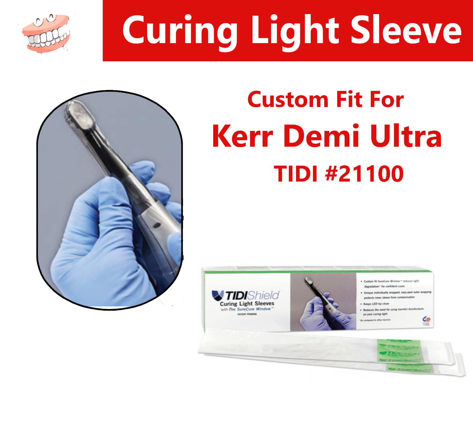 Dental Tidishield Curing Light Sheath Cover For Kerr Demi Ultra 100/Box, #21100