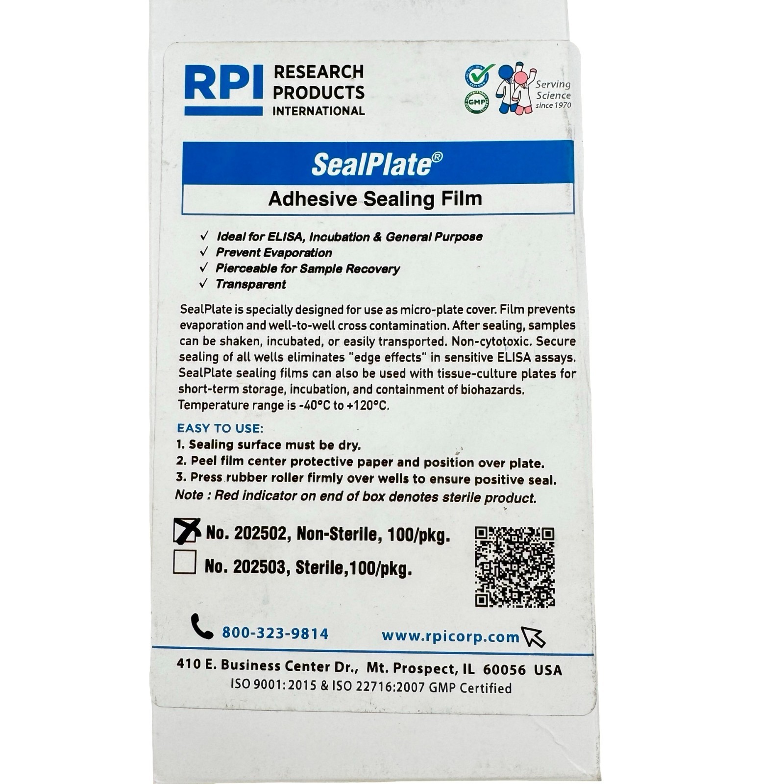 RPI SealPlate Adhesive Sealing Film 202502 Non-Sterile 100/Pack